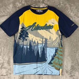 BKYS Adventure Mountain Waterfall Graphic T Shirt Blue Yellow Mens Size M